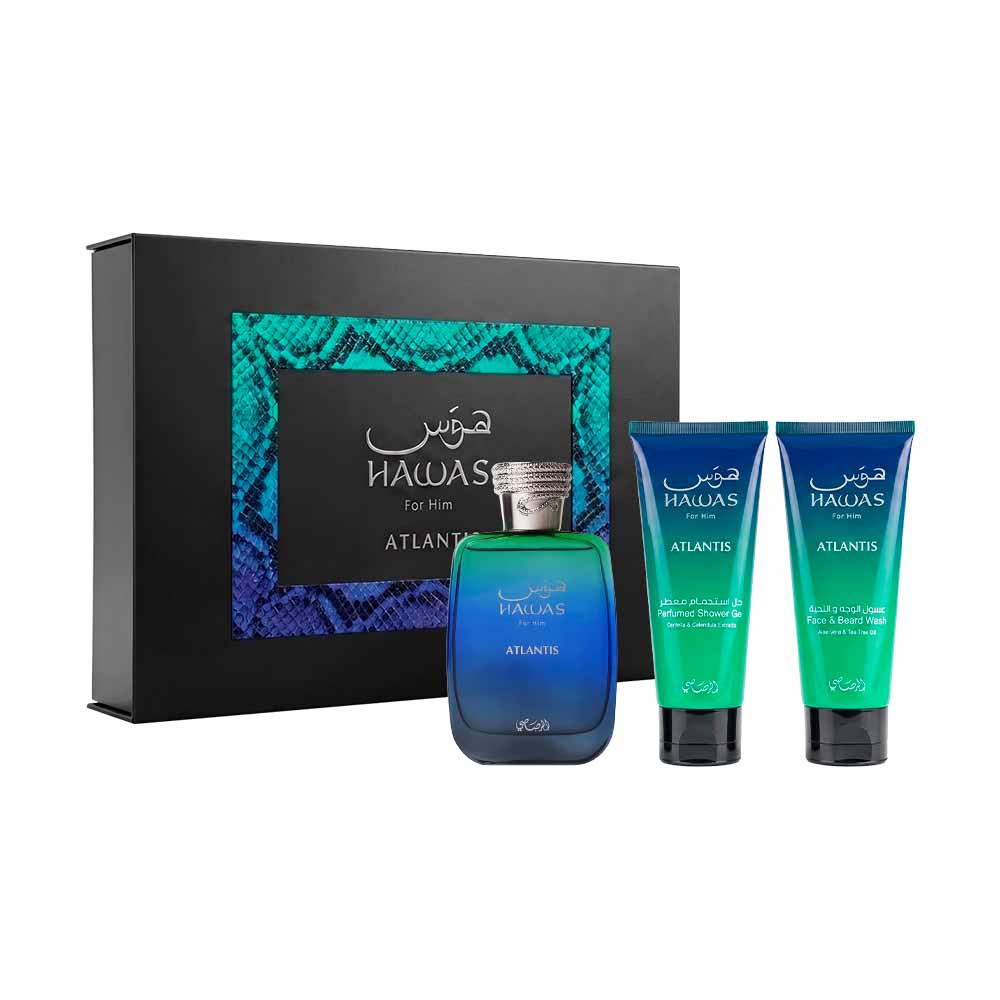 Hawas Atlantis Estuche 3 Piezas Unisex EDP 100ml + Limpiador de Rostro y Barba 100ml + Gel de Baño 100ml